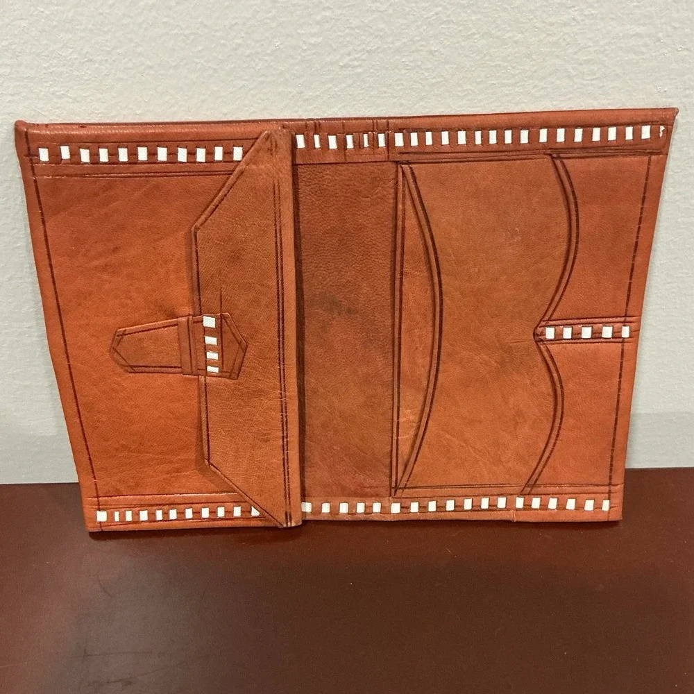 Wallet Moroccan Leather Genuine carved‎ Bi-fold Handmade Unisex Beige Medium